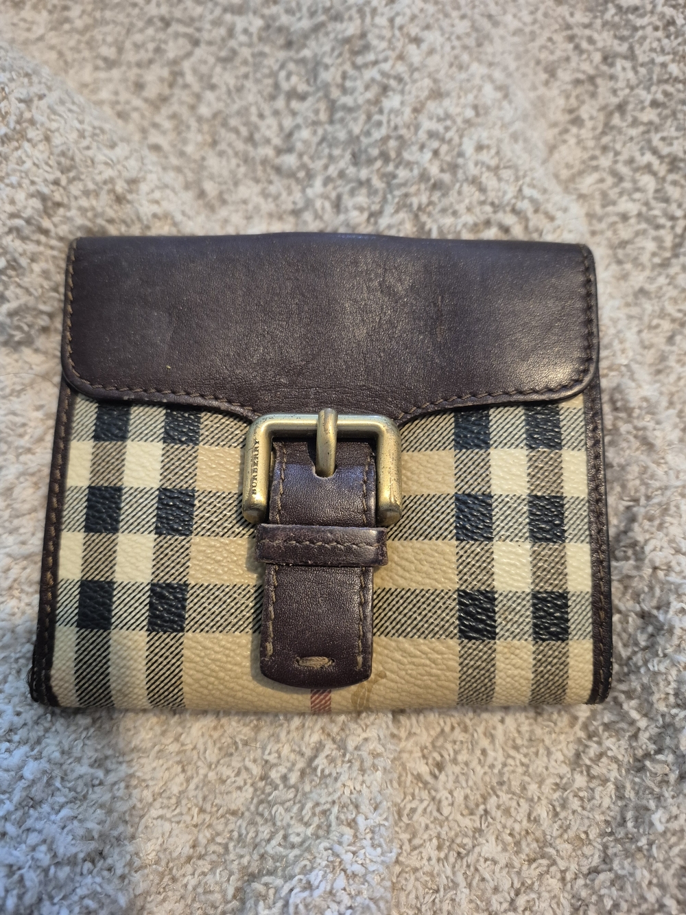 Burberry Beige Check Wallet with Dark Brown Leather and Gold Buckle